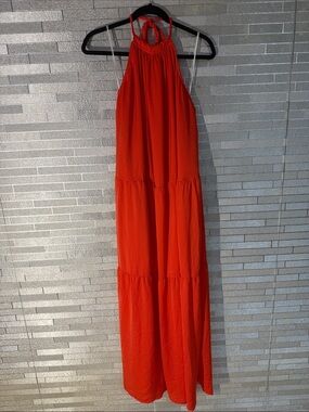 Aakaa Vibrant Red Halter Tiered Maxi Dress